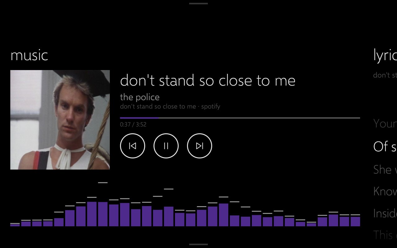 Now playing on the tablet: cover art, track, transport buttons and a purple spectrum visualiser.